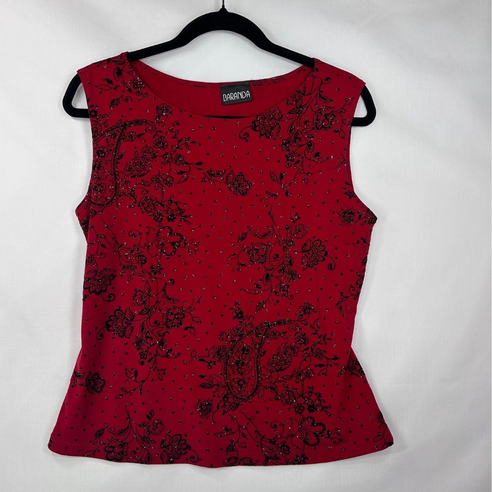 Vintage Baranda Red Glitter Paisley Tank Top – Black Sparkle Floral Cami Top